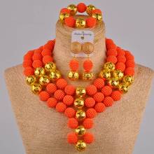 Conjunto de joias africanas, pérolas simuladas de laranja e ouro, colar de contas de casamento nigeriano para mulheres fzz24 2024 - compre barato