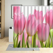 Розовые тюльпаны, цветочные растения, декор для ванной комнаты, шторы, ткань из водонепроницаемого полиэстера, занавеска для душа с крючками 2024 - купить недорого