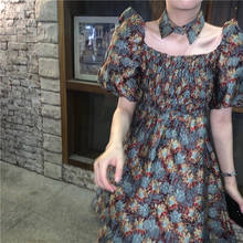 Vestido Vintage de algodón con estampado Floral para mujer, ropa de manga corta abombada por encima de la rodilla, con cuello cuadrado, a la moda, 2021 2024 - compra barato