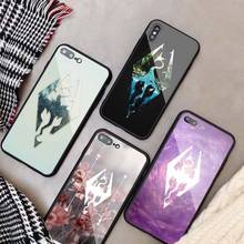 Skyrim logotipo diy caso de vidro temperado para o iphone 11 12 pro xr x xs max 8 7 6 5 plus capa traseira do telefone escudo 2024 - compre barato