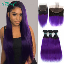 Sexay Purple Human Hair Bundles With Closure Remy Brazilian Straight Soft Hair Purple Colored Ombre Hair Bundles With Frontal 2024 - buy cheap
