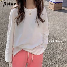 Jielur-Camiseta informal para mujer, camisetas de manga larga con cuello redondo, Color blanco y negro sólido, camisetas coreanas divididas, ropa de mujer 2024 - compra barato
