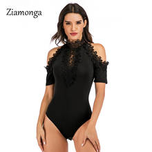 Ziamonga novo macacão elegante fora do ombro bordado rendas bodysuit feminino o-pescoço manga curta sexy corpo macacão magro 2024 - compre barato