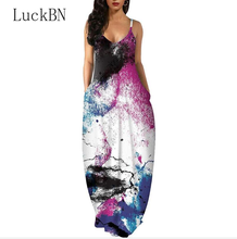 Tie Dye Print Summer Bohemian Dress Women Spaghetti Strap Sleeveless Loose Dress Large Size Vintage V Neck Pockets Maxi Dresses 2024 - buy cheap