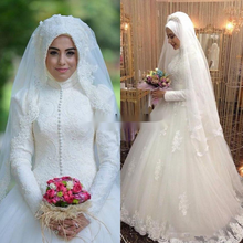 Arabic Lace Applique Muslim Wedding Dresses High Jewel Neck Button Long Sleeves Wedding Gowns Bridal Gowns Vestido De Noiva 2024 - buy cheap