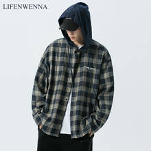 LIFENWENNA Hip Hop Plaid Long Sleeve Shirts Streetwear Mens Casual Hooded Tops Shirts 2020 Loose Shirt Streetwear For Men M-5XL 2024 - buy cheap