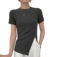 Korean Style T Shirt Women Basic Solid Summer Tops 2021 New Cotton O-Neck Short Sleeve Slim Split Tee Shirt Femme Woman Tshirts 2024 - buy cheap