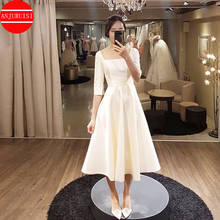 Платье свадебное короткое с коротким рукавом, простые атласные вечерние платья до середины икры в Корейском стиле, с квадратным вырезом, дешево, 2020 2024 - купить недорого