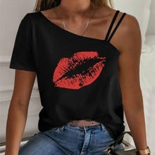 Female One Shoulder T Shirt Sexy Lips Print Short Sleeve Tops Tees Diagonal Collar Fashion Casual Summer Party Beach Tee Shirts 2024 - buy cheap