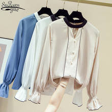 Camisa vintage feminina de chiffon, camisa solta de manga longa moderna coreana para mulheres com miçangas sólidas, para escritório 11153 2024 - compre barato