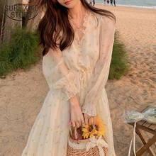 Sweet Floral Dress 2021 Summer Apricot Long Dress Puff Sleeve Print Chiffon Beach Dresses V-Neck Party Dresses Vestidos 14695 2024 - compre barato