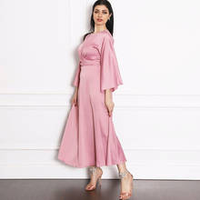 Siskakia Quality Satin Maxi Dress Fall 2020 Dubai Turkey Arabic Women's Modest Abaya Fashion Muslim Self-Belted Robe Sweet Pink 2024 - buy cheap