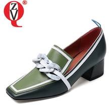 Zvq sapatos femininos de couro legítimo, calçados da moda para mulheres, salto médio, quadrado, em cores mistas, primavera 2024 - compre barato