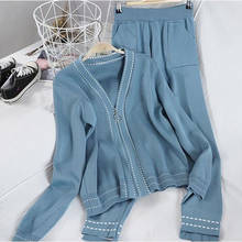 Conjunto de malha com decote em v casual, duas peças, blusa e calças compridas com cintura alta, moda outono 2024 - compre barato