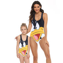 Bañador a juego para madre e hija, traje de baño de una pieza con estampado de dibujos animados de pato negro, Monokini, ropa de playa 2024 - compra barato