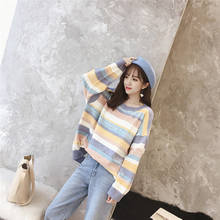 H9567 Autumn Winter Rainbow Stripes Sweater Female Loose Korean Student Cute Knitted Jumper Tops Girl Long Sleeve Sweet Pullover 2024 - buy cheap