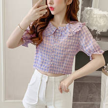 Summer Y2k Sexy Korean Kawaii Green Plaid Ruffle Cute Collared Button Up Puff Short Sleeve Blouses Shirts Crop Tops Women 2021 2024 - buy cheap