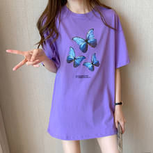 Футболка женская с принтом бабочки, хлопковая длинная рубашка в Корейском стиле, топ оверсайз в стиле Харадзюку, с коротким рукавом, на лето 2024 - купить недорого