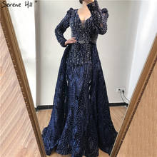 Serene Hill Dubai Blue Deep-V Crystal Sexy Evening Dress 2020 Long Sleeves Luxury Mermaid Formal Party Gown Plus Size CLA70223 2024 - buy cheap