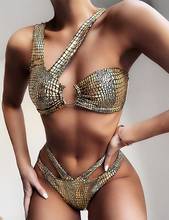 Biquíni brilhante com estampa de cobra, feminino, traje de banho bandagem, top com corte alto, biquíni sexy dourado 2020 2024 - compre barato