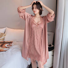 MECHCITIZ Women Sexy Wedding Nighty Robe Gown Set Lace Sleepwear Pajama Dress Long Sleeve V-neck Pijamas Kimono Home Lounge Suit 2024 - buy cheap