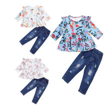 Conjunto de ropa de primavera otoño para niños y niñas, camiseta de manga larga con volantes florales, pantalones vaqueros, 2021 2024 - compra barato