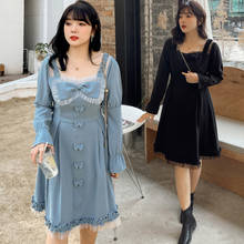 Vestido feminino primaveril com decote quadrado, cor sólida, com laço e renda, comprimento do joelho, roupa casual, 100kg 2024 - compre barato
