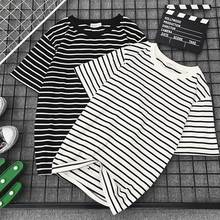 Camiseta feminina manga curta listrada, camiseta feminina clássica preta branca folgada 2024 - compre barato