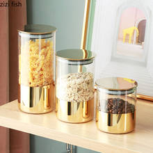 Potes de vidro dourado decorativos, pote de doces decorativo selado, jarra de armazenamento com tampa, grãos de tempero, alta capacidade, caixa organizadora de cozinha 2024 - compre barato