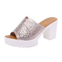 Plus Size 32-43 Block High Heels Shoes Cutout Rhinestone Silver Platform Slippers 2022 Summer Chunky Slides for Office Party 2024 - buy cheap