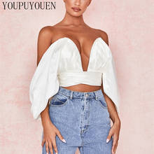 2021 Summer Sexy White Shirt Strapless V Neck Blouse Women Fashion Crop Top Backless Bow Off Shoulder Elegant Club Clothes 2024 - buy cheap