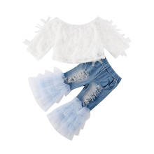 Toddler Baby Kid Girl Clothes Lace Tops + Ruffle Hole Denim Pants Outfits Set Fashion Children Girl Clothing Set 2024 - buy cheap