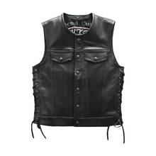 Men's Real Collarless Motorcycle Vest Cowhide Genuine Leather Sleeveless Jackets Adjustable Rope 2024 - buy cheap