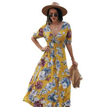 Платье женское летнее Плиссированное с V-образным вырезом и коротким рукавом, с цветочным принтом и поясом на резинке 2024 - купить недорого