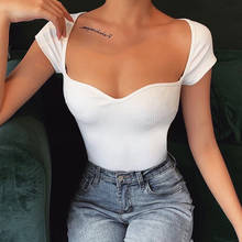Combhasaki Sexy Vintage Women's Summer Square neck Elastic Knitted Slim Short Sleeve Crop Tops Party wear Tee T-Shirts 2024 - buy cheap