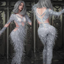 Silver Rhinestones Fringes Skinny Jumpsuit Birthday Party Outfit Sexy Crystal Tassel Elastic Leotard Nightclub Singer Stage Wear 2024 - buy cheap