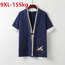 Летние мужские японский стиль рубашки для мальчиков Домашняя одежда с короткими рукавами льняные и хлопковые вышивка Кран удобные размера плюс 8XL 9XL 68 70 рубашки для мальчиков 2024 - купить недорого