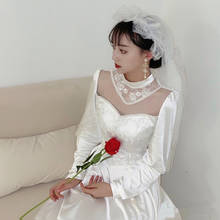 Vestido de boda de satén sencillo, largo, manga larga, encaje, cuello alto, estilo coreano, boda privada 2024 - compra barato