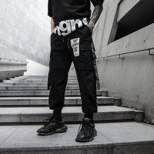 Calça cargo masculina, calça harem preto de bolso para homens hip hop com muitos bolsos 2024 - compre barato