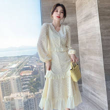 Spring Korean Women Vintage V Neck Hollow Out Lace Lantern Sleeve Elegant Female Casual Beige Slim Party Dresses Vestidos 2024 - buy cheap