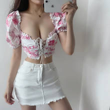 New 2021 Summer Lady Red Floral Lace Puff Sleeves Print Exposed Belly Button Sexy Short Short Sleeve Top Shirt Blouse NQIX 2024 - buy cheap