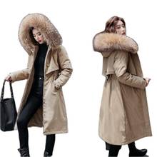 Casaco longo de inverno com capuz feminino, jaqueta tipo parca para mulheres com gola de pele e forro de lã, longo, 2021 2024 - compre barato