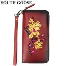 SOUTH GOOSE-cartera de piel auténtica para mujer, bolso de mano largo de lujo, monedero de gofrado con flores, Cartera de viaje práctica 2024 - compra barato