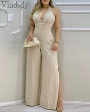 Women Strapless Deep V Neck Open Back Lace-up High Waist Side Slit Wide Leg Jumpsuit 2024 - buy cheap