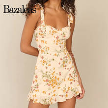 Bazaleas Summer Orange Floral Print Cream Vestidos Retro Ruffles Dresses Slim Vintage Adjust Spaghetti Straps Mini Dress 2024 - buy cheap