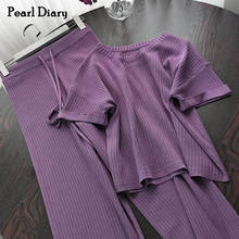 Pearl Diary-Conjunto de Top y pantalón de punto ancho para mujer, conjunto informal de manga corta, pantalones con cordón y cintura elástica, coords 2024 - compra barato