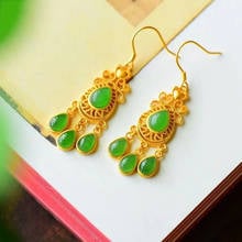 Natural Hetian Jasper geometric Earrings China's Retro palace style hollow out little tassel luxury women's silver jewelry 2024 - buy cheap