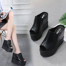 2020 Summer New Fashion Sexy Fish mouth Non-slip Sponge cake Wedges Thick bottom Shallow Slides Solid Outside 13cm High Heels 2024 - buy cheap