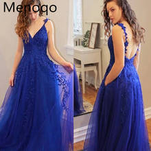 Royal Blue Prom Dresses Spaghetti Straps Long Tulle Appliques Evening Dresses With Pocket Open Back V Neck A Line Party Gowns 2024 - buy cheap