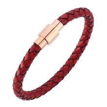 Fashion Men Red Genuine Leather Bracelet Women Rose Gold Stainless Steel Magnetic Clasp Neutral Jewelry Gifts PD252R 2024 - buy cheap
